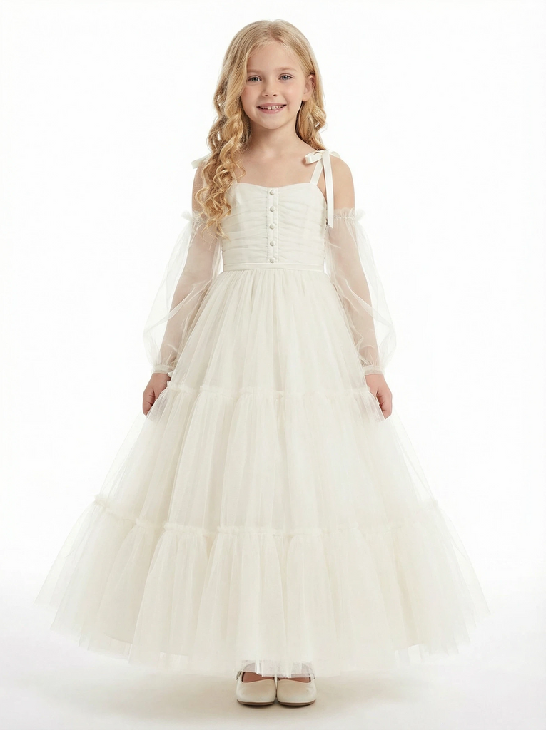 Off-Shoulder Long-Sleeve Princess Gown with Tulle Flower Girl Dress Birthday Party Dresses