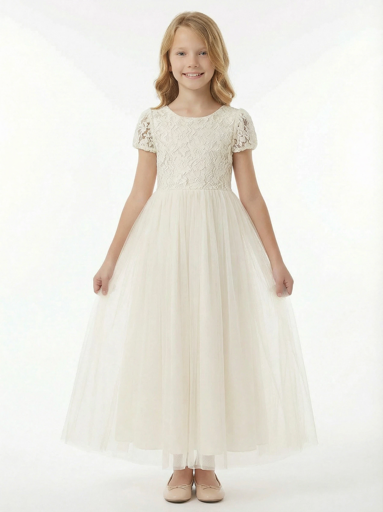 Short Sleeves Lace Backless Princess Dress Flower Girl Dress Birthday Party Dresses