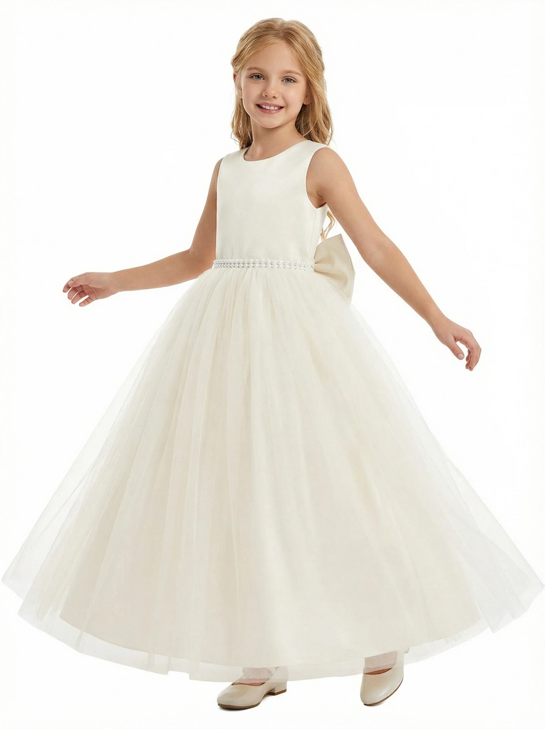 Lovely Beads Tulle Bow Knot Floor-Length Flower Girl Dress Birthday Party Dresses