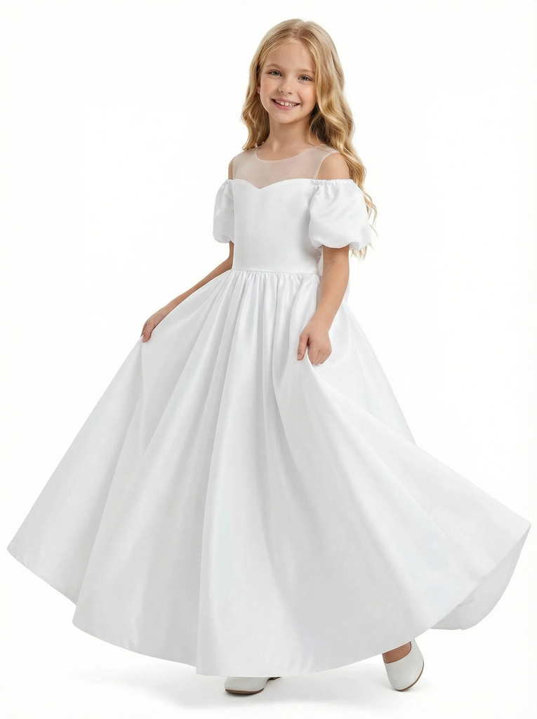 Satin Puff-Sleeve Princess Dres Floor-Length Flower Girl Dress Birthday Party Dresses