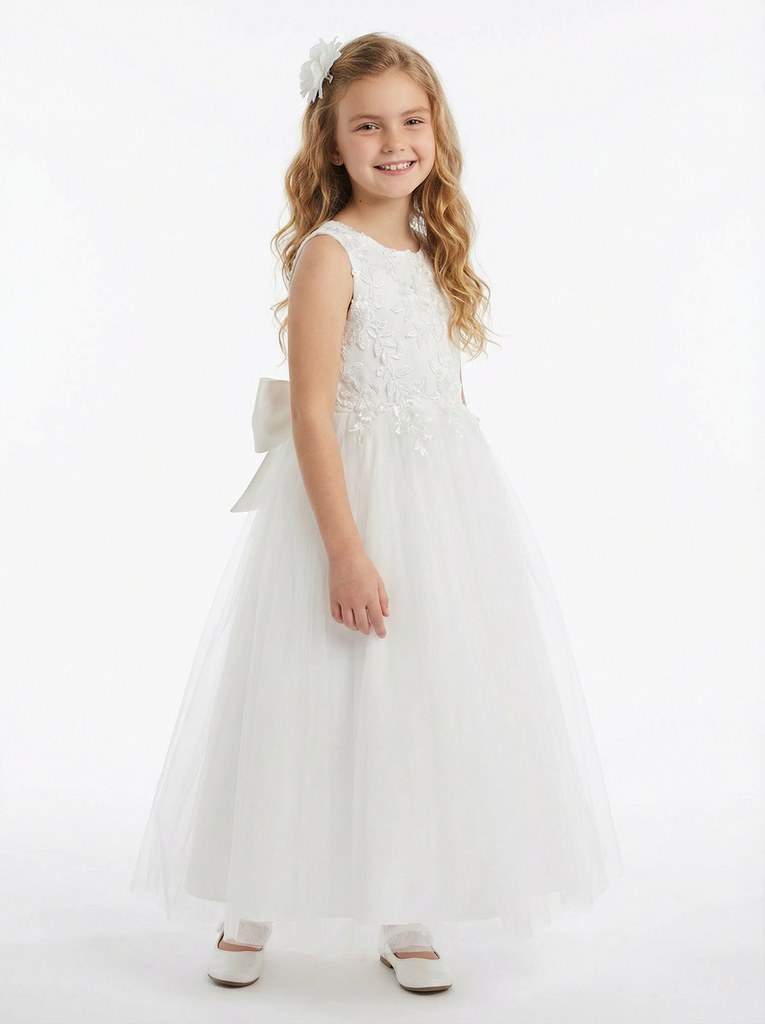 Sleeveless Round Neck Lace Embroidered Tulle Flower Girl Dress Cute A-Line Dress with Bow Back