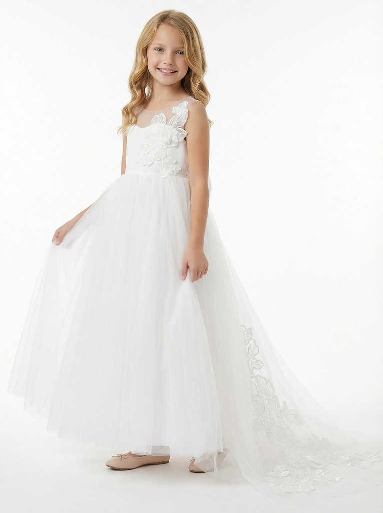Sheer Neck Sleeveless Lace Tulle Flower Girl Dress Cute A-Line Gown with Back Bow & Train Detail
