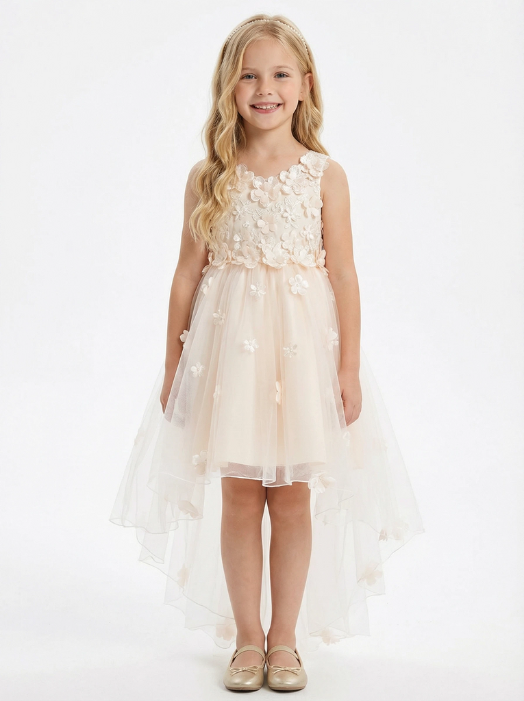 V-Neck Sleeveless Floral Lace Tulle Flower Girl Dress Cute High-Low Gown with Back Bow Detail