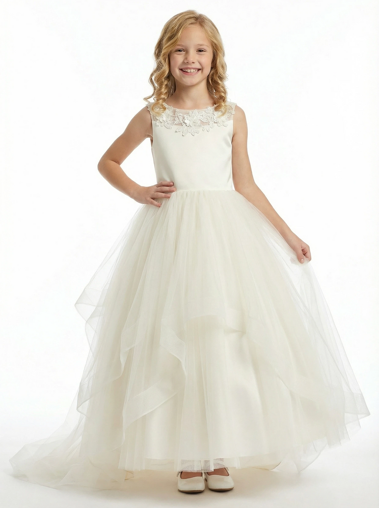 Round Neck Sheer Lace Sleeveless Tulle Flower Girl Dress Cute A-Line Gown with Back Bow & Train