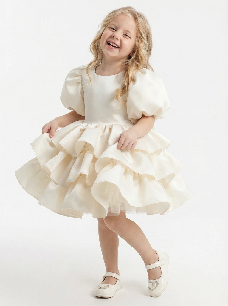 Puff-Sleeve Round Neck Satin Flower Girl Dress Tiered A-Line Knee-Length Gown with Deep V-Back & Oversized Bow