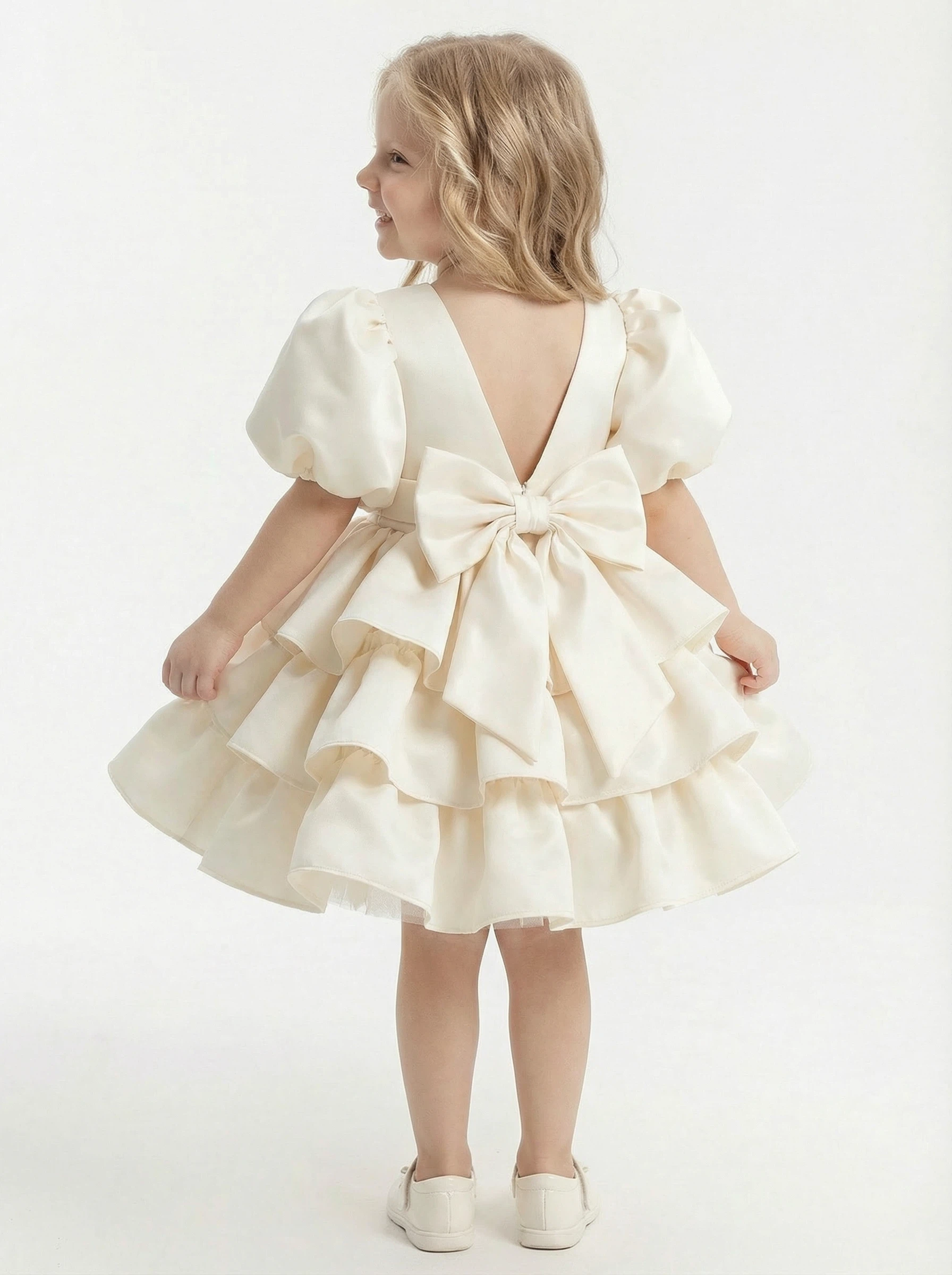 Puff-Sleeve Round Neck Satin Flower Girl Dress Tiered A-Line Knee-Length Gown with Deep V-Back & Oversized Bow
