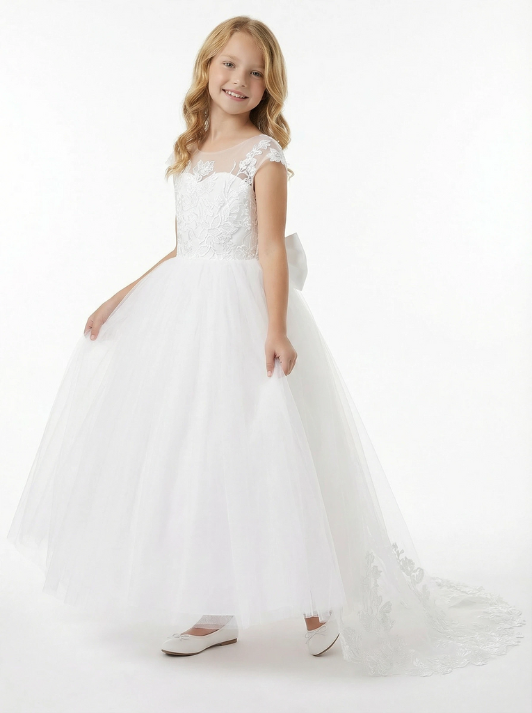 A-Line Round Neck Lace Tulle Flower Girl Dress Open Back Bow Accent Elegant Flower Tulle Dress for Formal Events