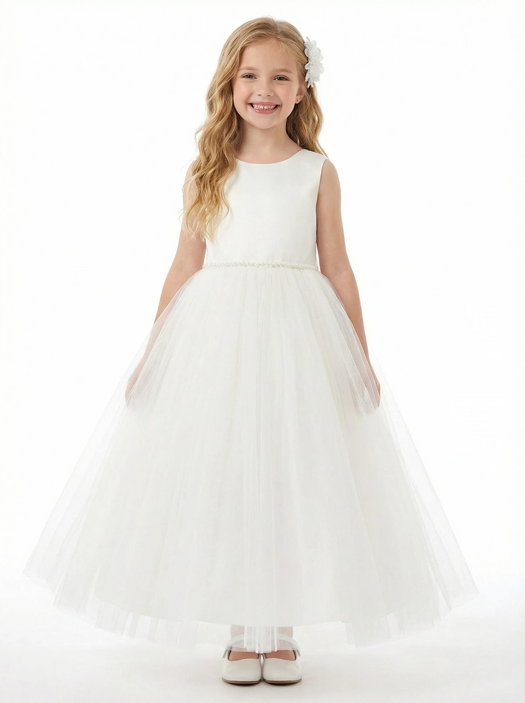 Cute Flower Girl Dress Round Neck Pearl A-Line Tulle Sleeveless Back Bow Formal Event Gown