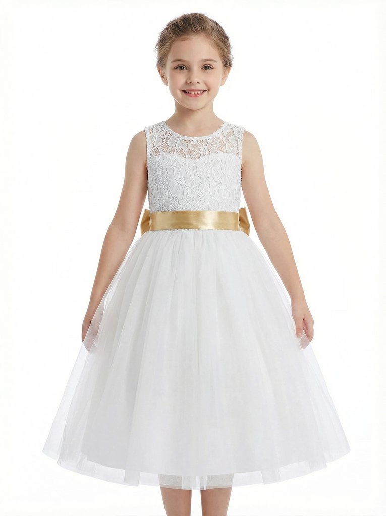 Sleeveless Flower Girl Dress A-Line Tulle Gown with Lace Overlay Keyhole Back & Oversized Bow Accent for Special Celebrations