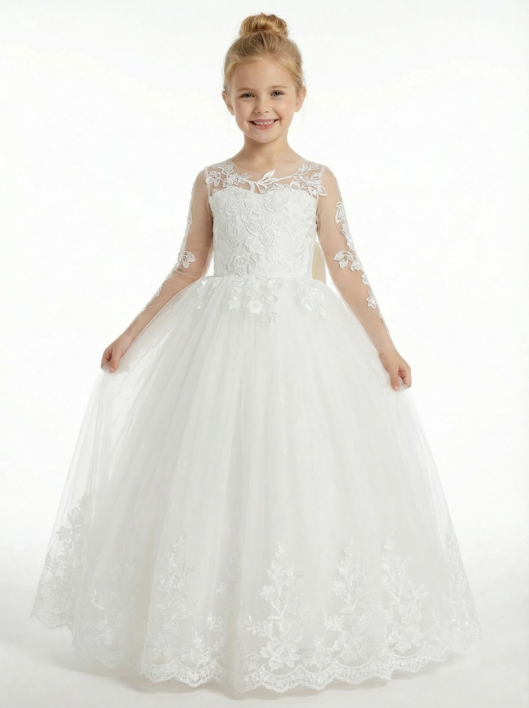 Vintage Lace Girls Wedding Party Dress Floor Length Long Sleeve Bow Sash A Line Flower Dress