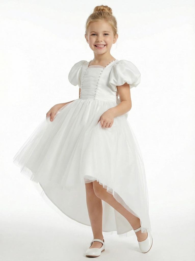 High Low Girls Wedding Guest Dress Lace Short Sleeve Boho Flowy Summer Party Gowns