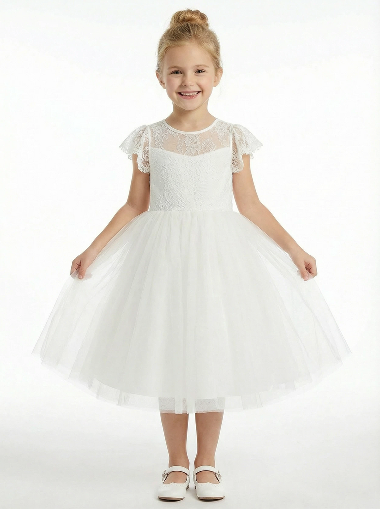Floral Lace Toddler Flower Girl Dress Cap Sleeve Tulle Skirt Round Neck Wedding Communion Dresses