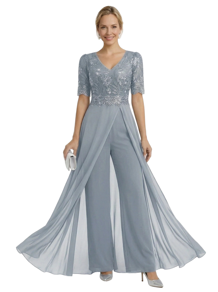 Elegant V-neck Chiffon And Lace Half Sleeves Pantsuit For Mother Of The Bride OverSkirt