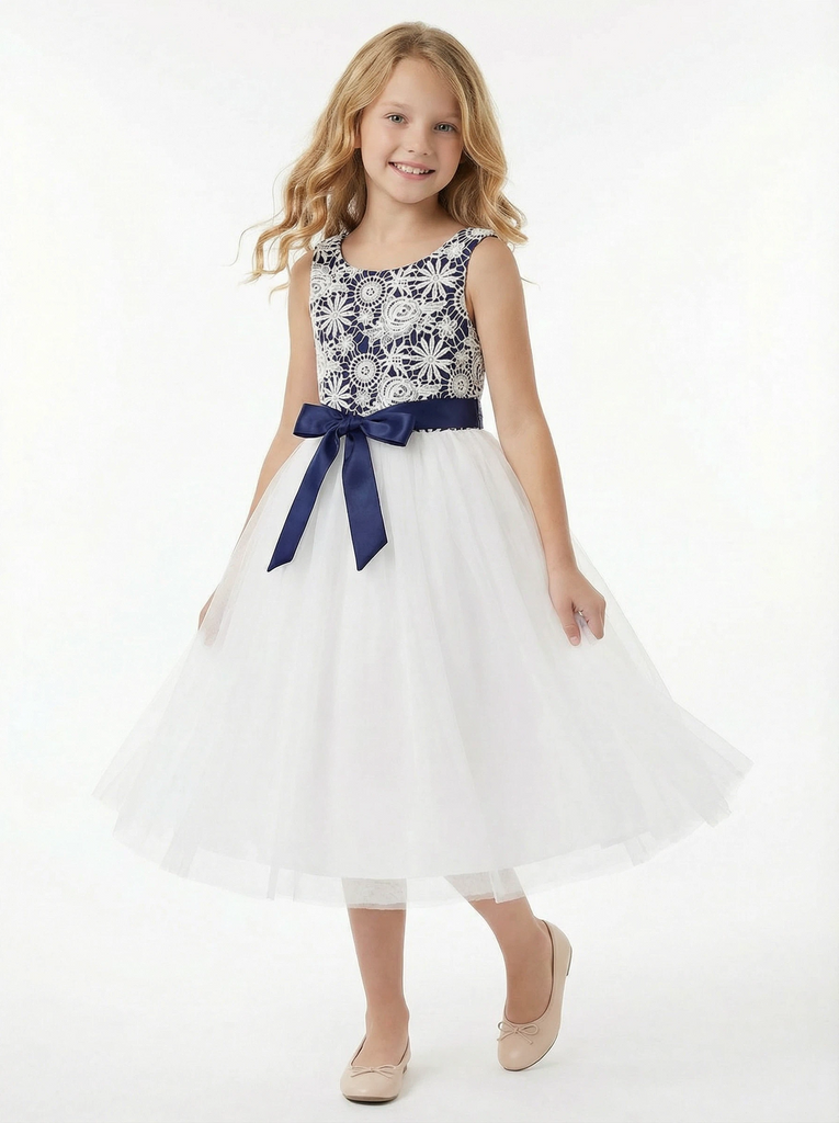 Girls Dresses for Wedding Lace Party Dress Tea Length Bow Sash Boho Communion Dresses