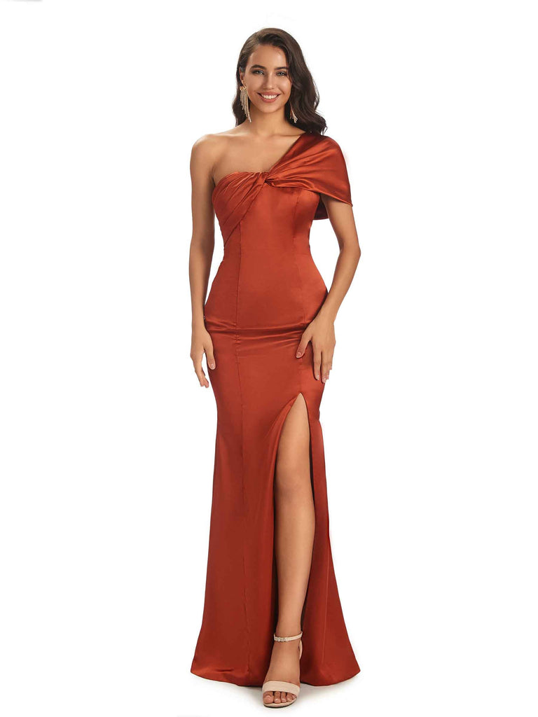 Sexy Satin Side Slit One Shoulder Cap Sleeve Mermaid Long Prom Dresses