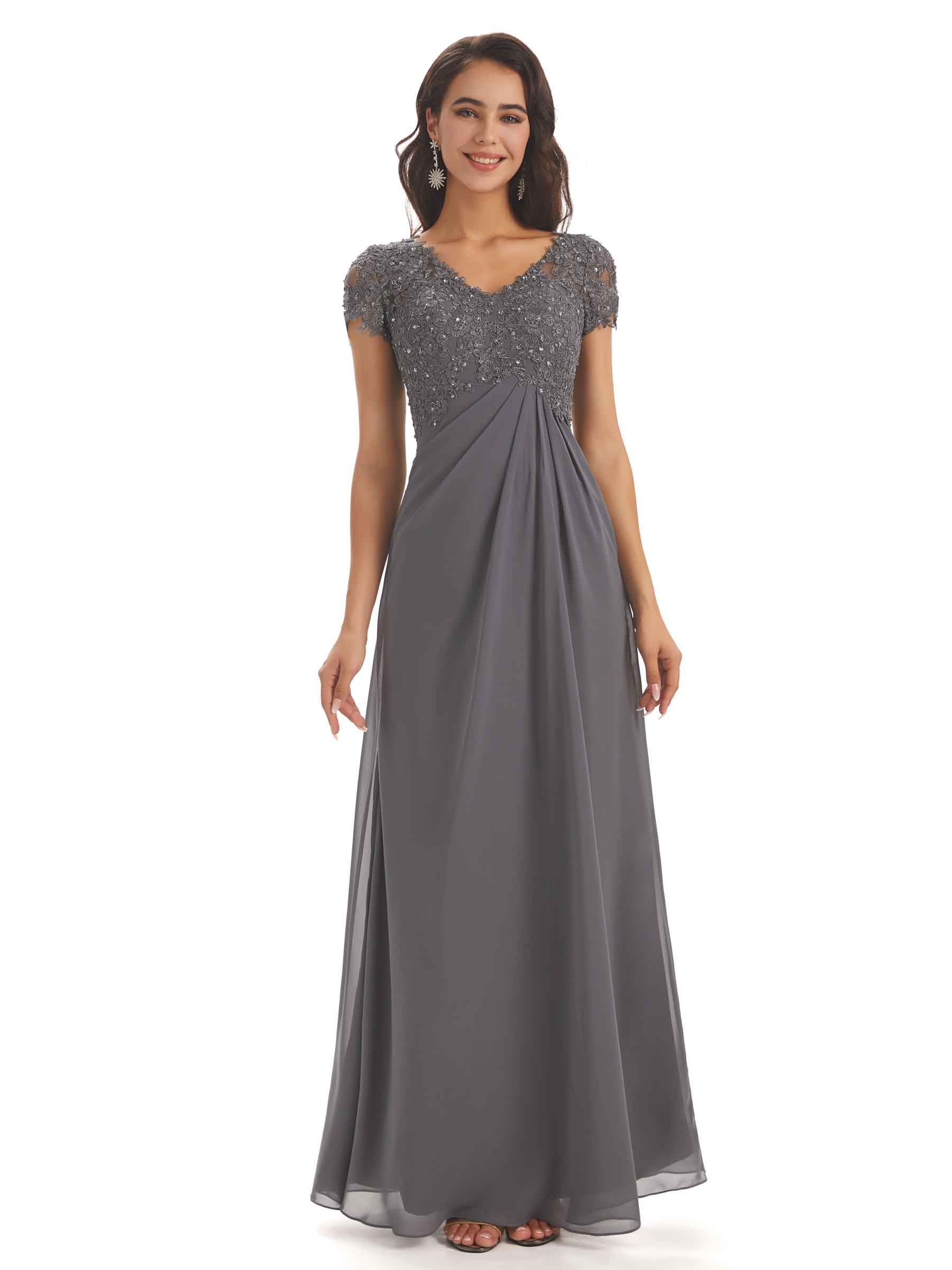 Elegant Short Sleeves Beaded Pleats A-line Floor-Length Mother of The Bride Dresses