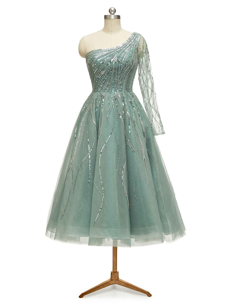 Luxury Green One Shoulder Long Sleeves Evening Party Prom Dresses