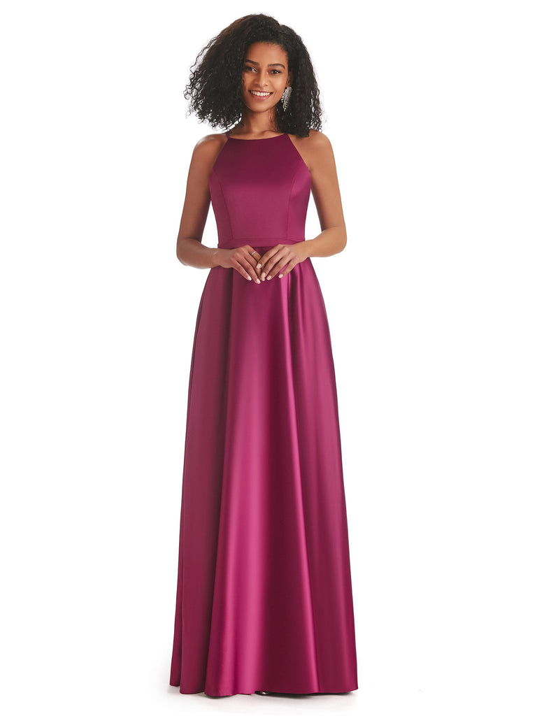 Elegant Satin A-line Halter Long A-line Maxi Prom Dresses Online