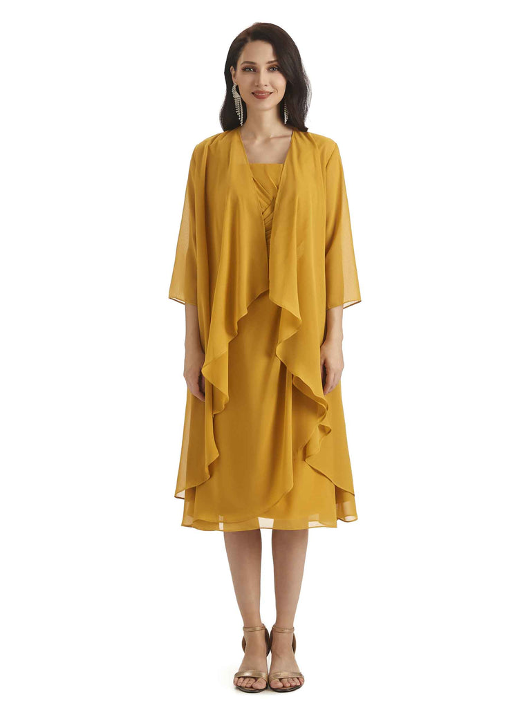 Elegant A-line Chiffon Tea Length Short Mother of The Bride Dresses With Jacket