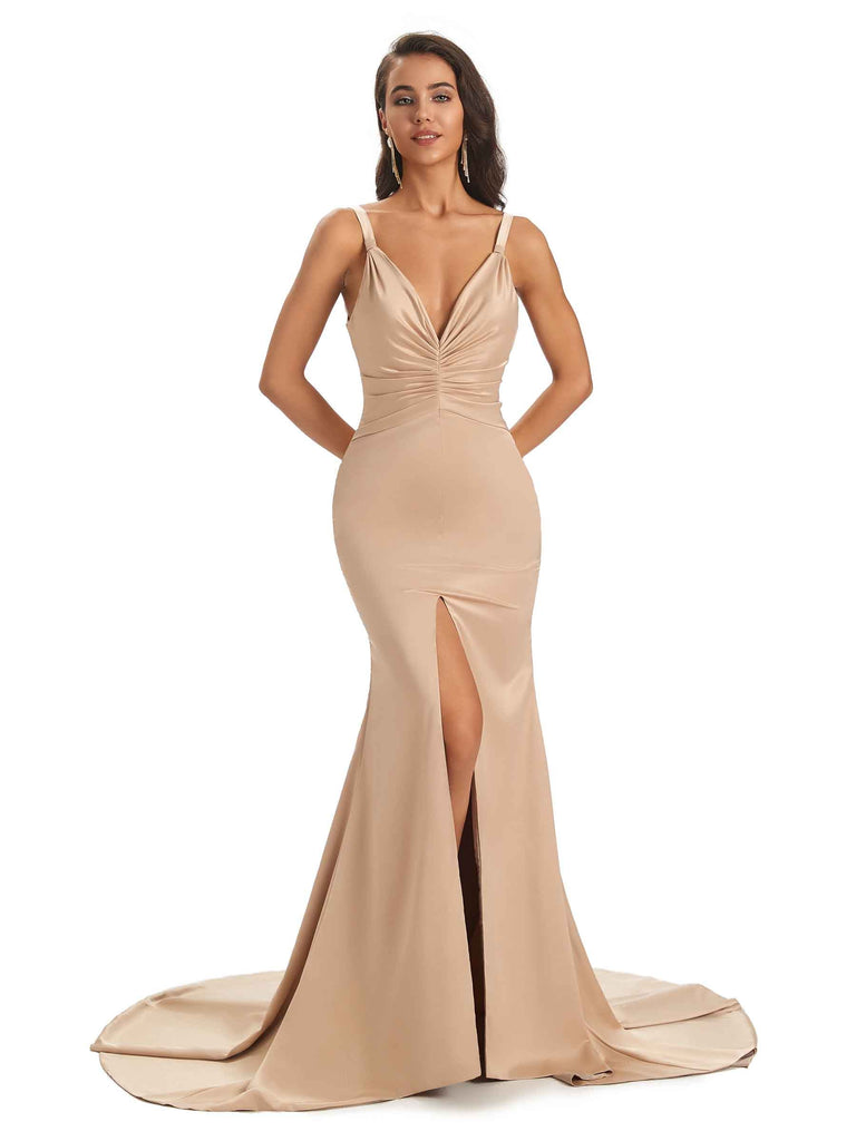 Sexy Satin Spaghetti Straps V-Neck Long Mermaid Prom Dresses With Slit