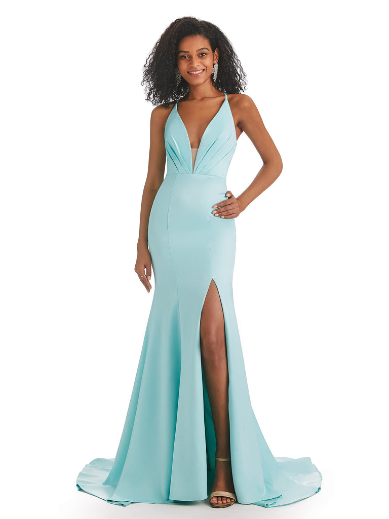 Sexy V-neck Side Slit Criss Cross Back Soft Satin Long Mermaid Prom Dresses