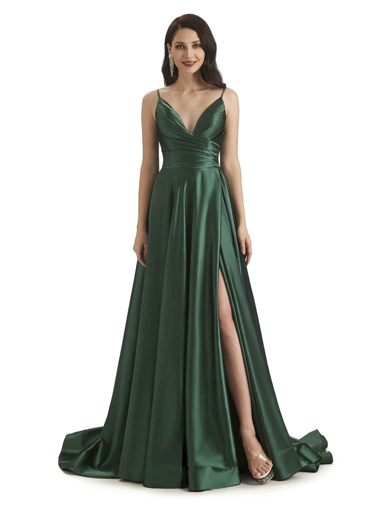 Sexy Soft Satin Side Slit Spaghetti Straps Long Bridesmaid Dresses in stock