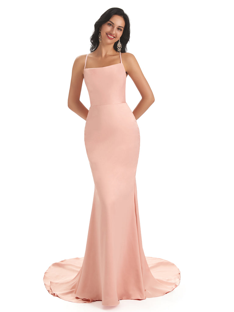 Sexy Backless Spaghetti Straps Soft Satin Long Maxi Mermaid Bridesmaid Dresses in stock