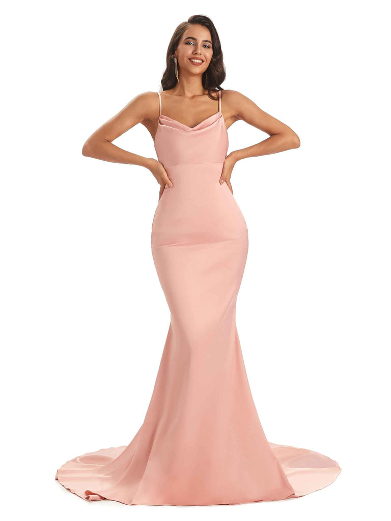 Sexy Soft Satin Spaghetti Straps Long Mermaid Prom Dresses For Women