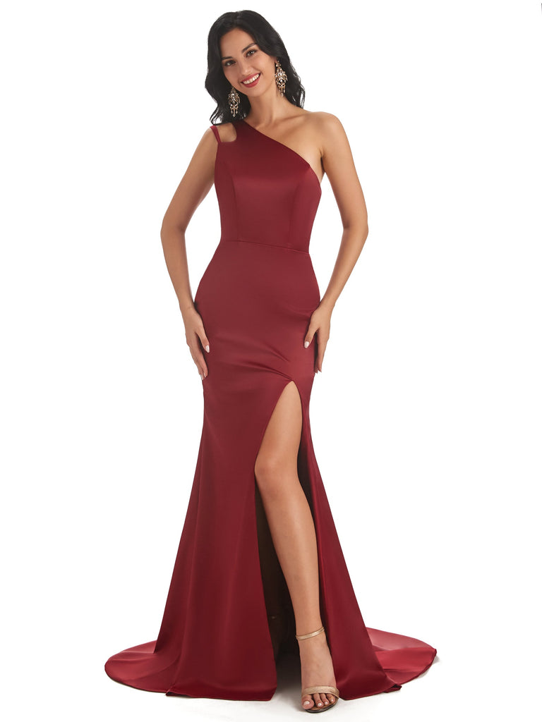 Sexy Soft Satin Side Slit One Shoulder Long Mermaid Prom Dresses