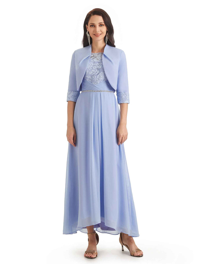 Elegant A-line Chiffon Jewel Half Sleeve Long Mother Of The Bride Dresses With Jacket