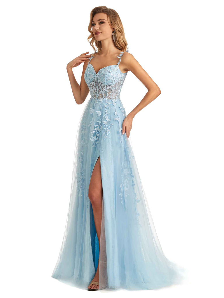 Sexy Side Slit Light Blue Lace Beaded See Through Long Party Prom Dresses