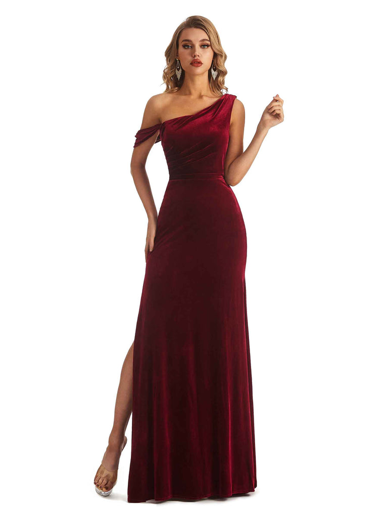 Elegant Mermaid Asymmetrical Side Slit Velvet Long Wedding Guest Dresses