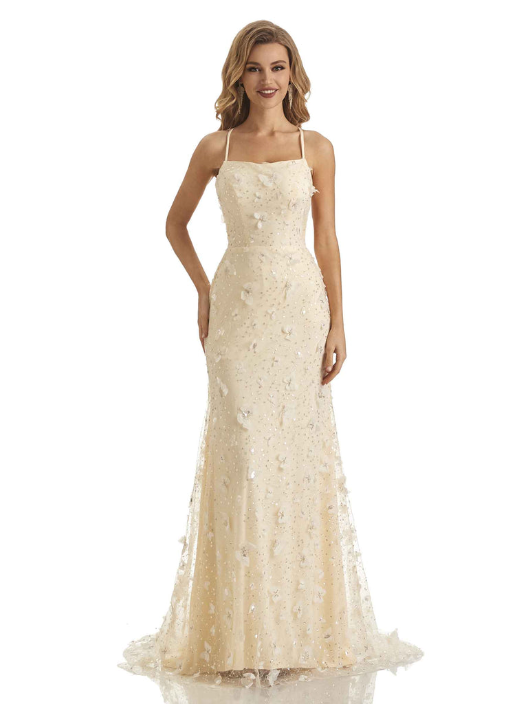 Champagne Sexy Lace Mermaid Spaghetti Straps Butterfly Long Formal Prom Dresses Online