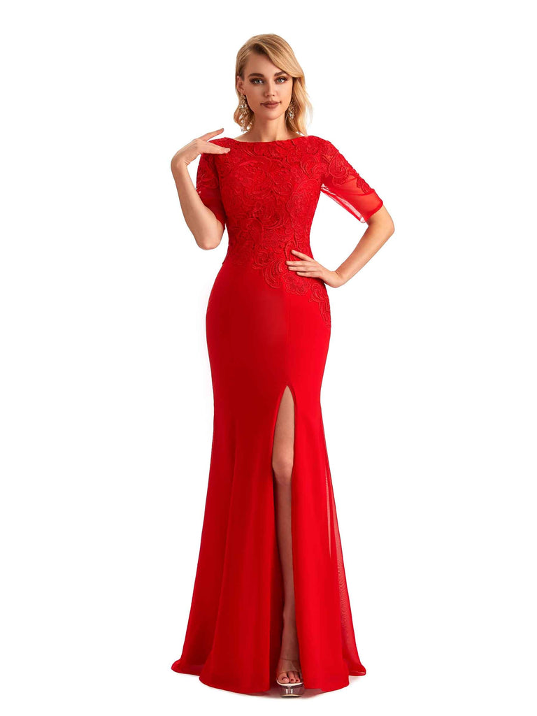 Elegant Mermaid Chiffon Side Slit Half Sleeves Lace Long Mother of the Brides Dresses Online