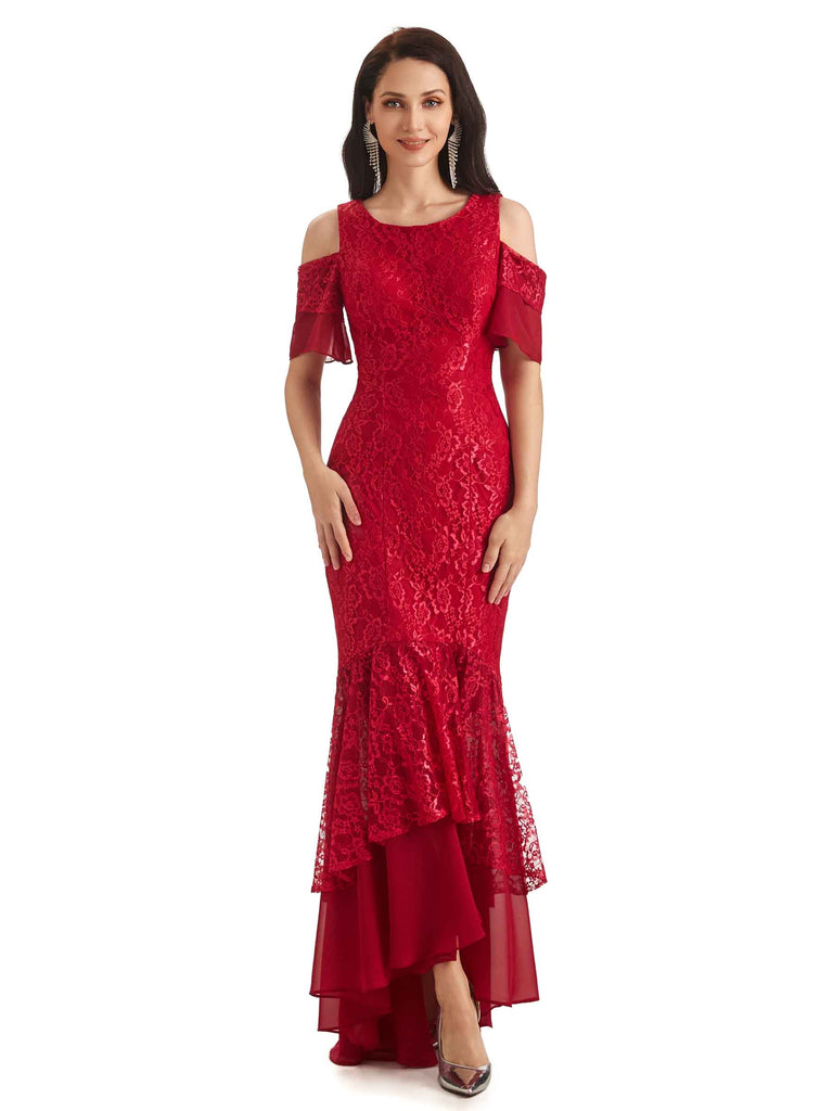 Sexy Mermaid Cold Shoulder High Low Lace Mother of The Bride Dresses