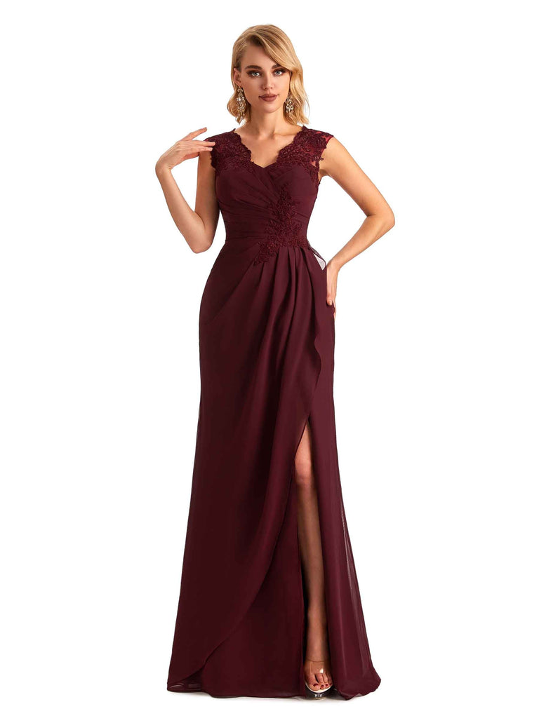Elegant Chiffon A-line Lace Straps Side Slit Long Mother of the Brides Dresses