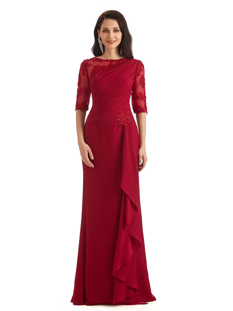 Elegant Mermaid Chiffon Half Sleeves Long Lace Mother of The Bride Dresses