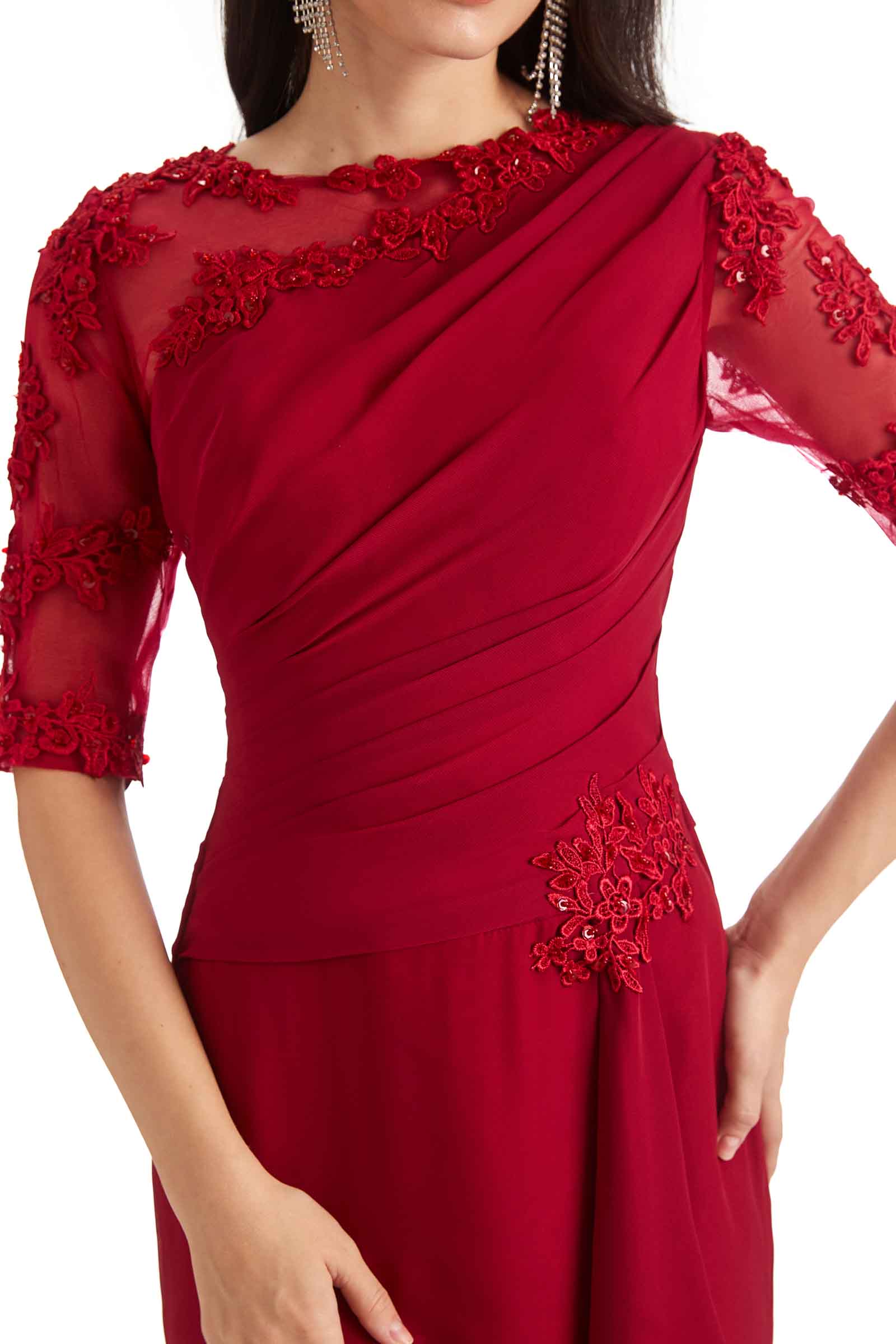 Elegant Mermaid Chiffon Half Sleeves Long Lace Mother of The Bride Dresses