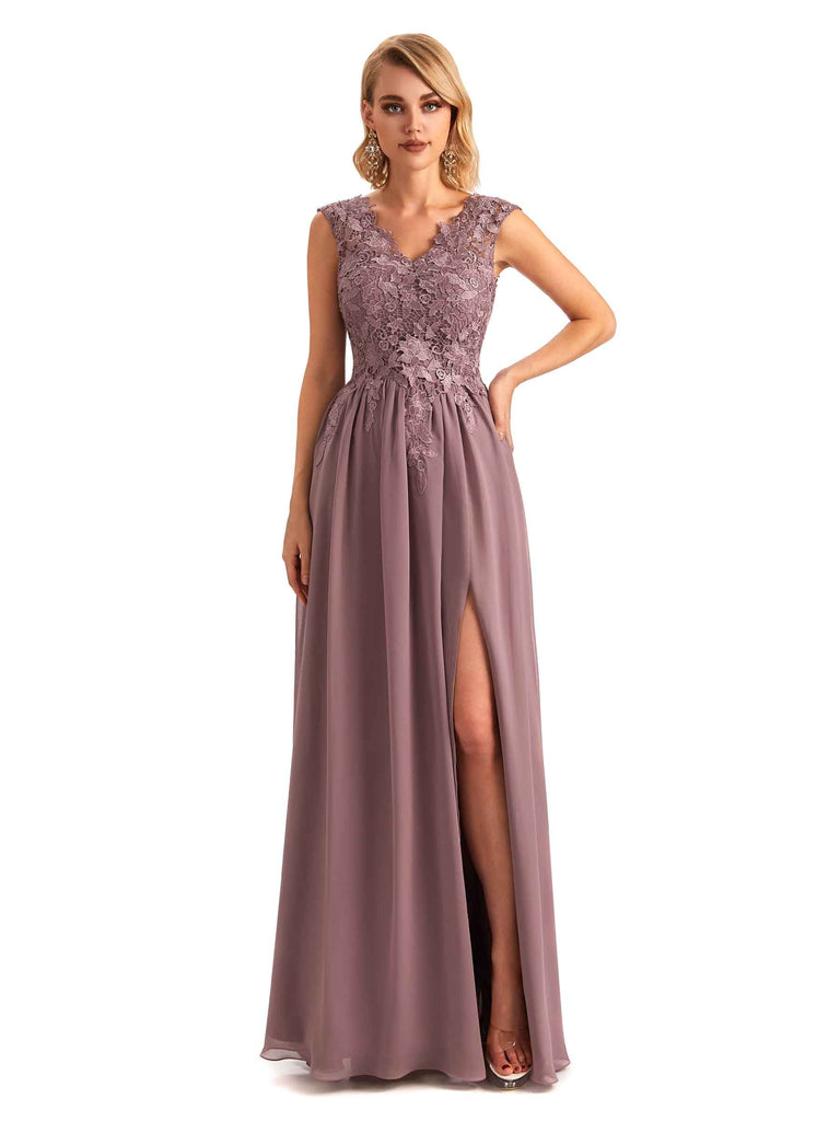 Elegant Side Slit Chiffon V-neck Long Lace Mother of the Brides Dresses