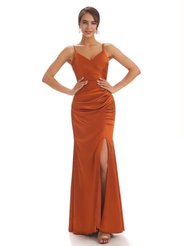 Sexy Spaghetti Straps Satin Pleats Side Slit Mermaid Long Formal Prom Dresses Sale