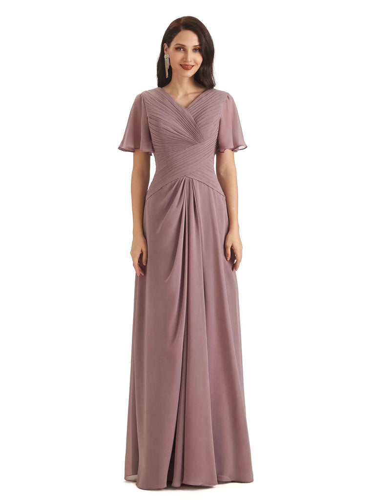Formal A-line Chiffon Short Sleeves V-neck Long Groom of The Bride Dresses