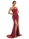 Sexy One Shoulder Spaghetti Strap Side Slit Mermaid Satin Formal Gown
