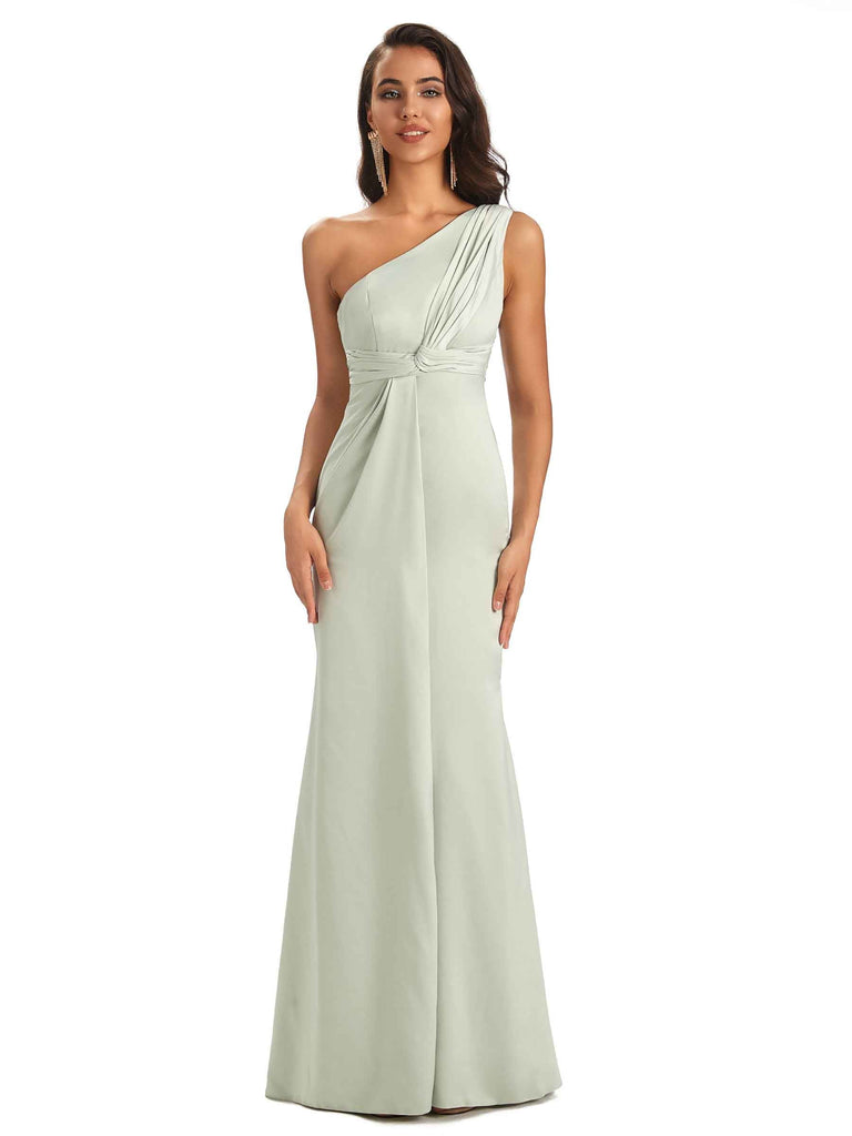 Sexy Unique Side Slit One Shoulder Simple Satin Prom Dresses