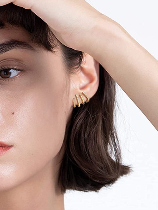 Cubic Zirconia Half Hoop Stud Earrings Looks Like 4 Hoop Earrings