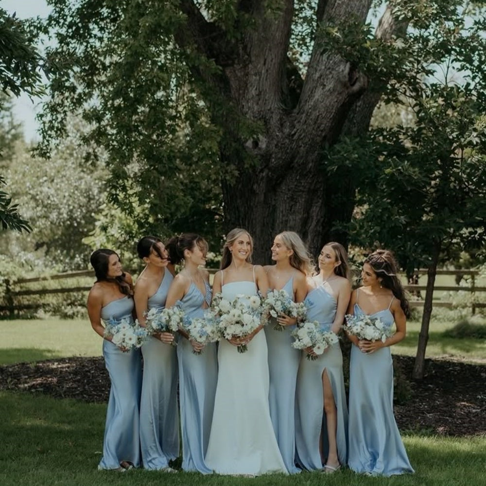 What style of wedding is suitable for light blue bridesmaid dresses