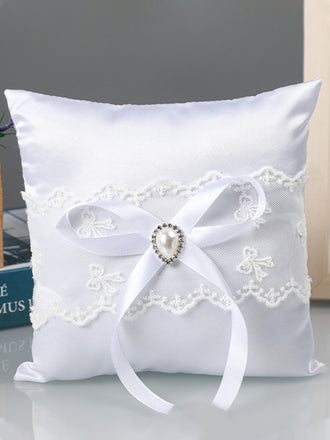 White Wedding Ring Pillow Set Bow Knot Lace Decoration, JZH-5978