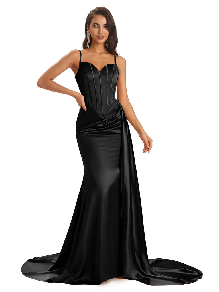 Sexy Soft Satin Mermaid Long Spaghetti Straps Floor-Length Long Bridesmaid Dresses Online In Stock