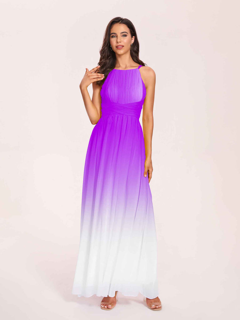 Plum Chiffon Halter Hi-Lo Dress - Short Bridesmaid Or Prom Gown - A-Line With Sheer Back - Size US6