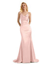 Elegant Soft Satin Cowl Neck Criss Cross Long Mermaid Evening Prom Dresses Online In Stock