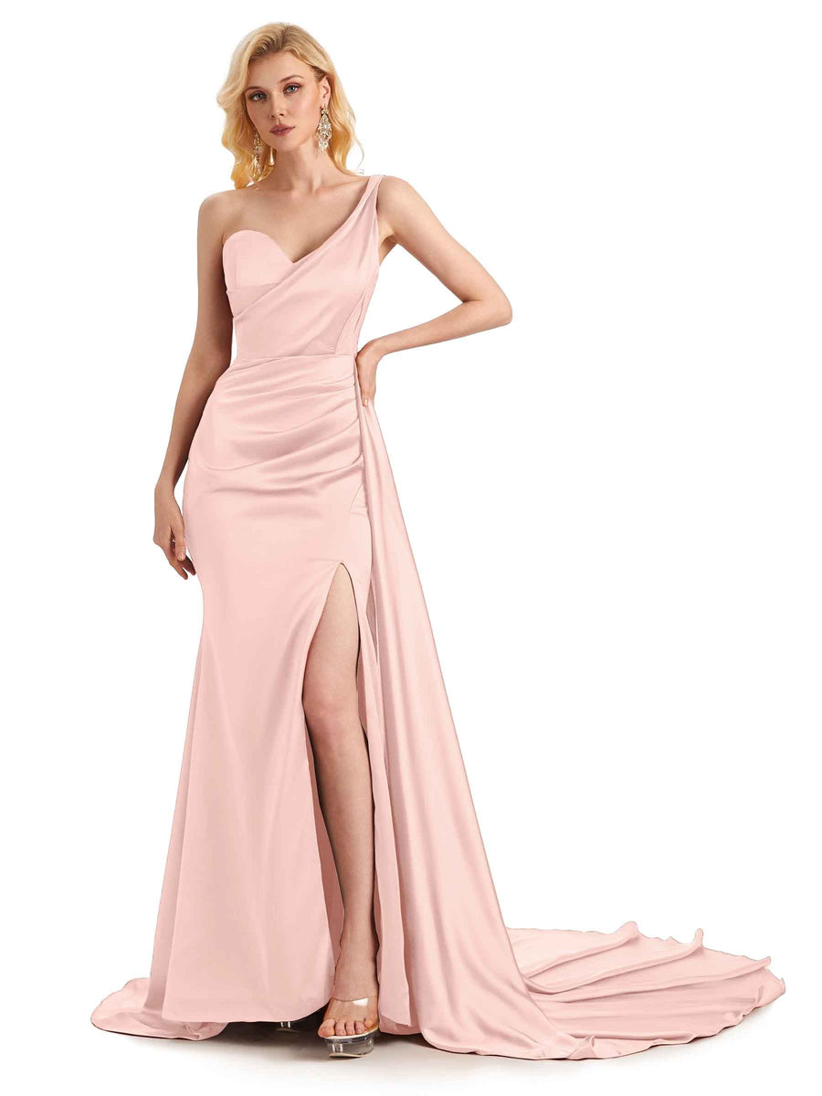 Blushing Pink Long Side Slit Boho Bridesmaid Dresses Sweetheart